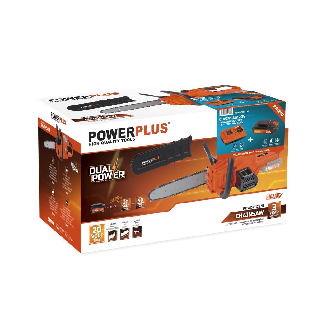 POWDPGSET37 Motosierra 20V 300mm - incl. batería 20V 2.0Ah y cargador - 1 acc.